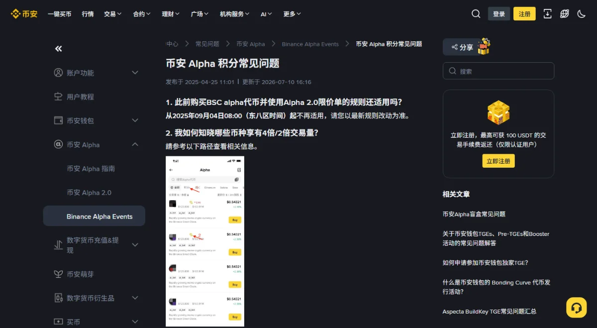 币安支持中心《币安 Alpha 积分常见问题》页面顶部，显示发布于 2025-04-25、更新于 2026-07-10，以及「哪些币种享有 4 倍/2 倍交易量」一问的配图