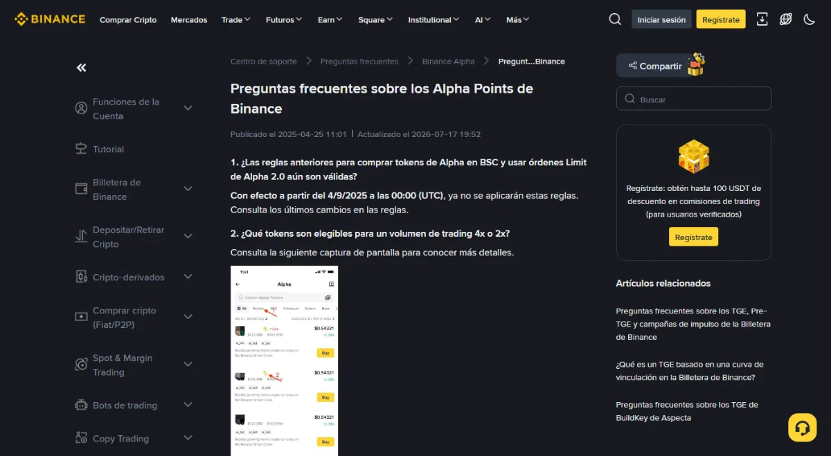 Página de soporte de Binance en español «Preguntas frecuentes sobre los Alpha Points de Binance», con la fecha de publicación 2025-04-25, la de actualización 2026-07-17 y la pregunta sobre qué tokens tienen volumen 4x o 2x