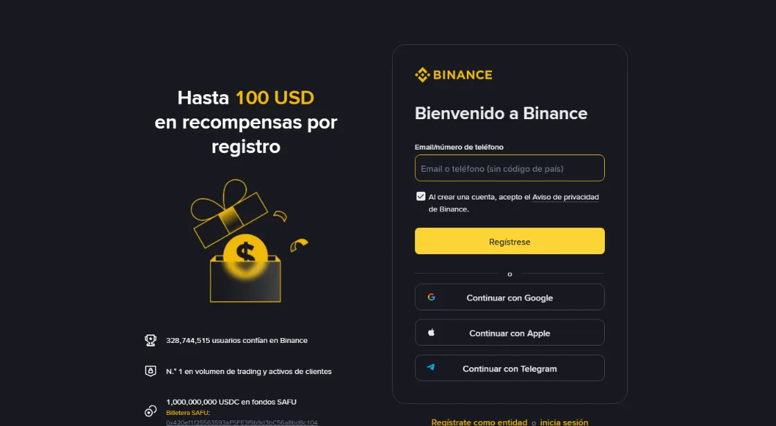 Página pública de registro de Binance en español: a la izquierda una promoción de bienvenida, a la derecha el formulario con el campo de email o teléfono